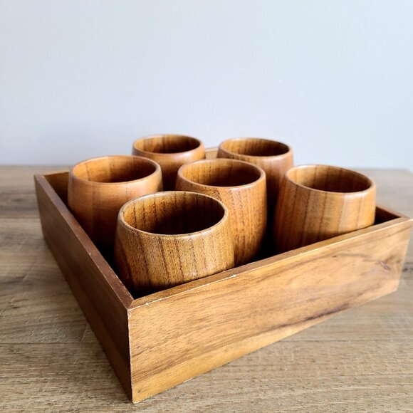 Set of 6 Vintage Handmade Wooden Cups on Tray. - Picture 8 of 8